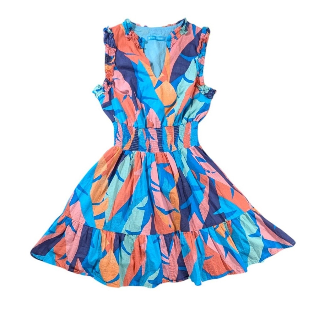 Tori Richard Cotton Tropical Print Smocked Waist Ruffle Dress Blue Orange Small